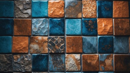 Poster - Texture detail of ceramic floor tiles in orange and blue