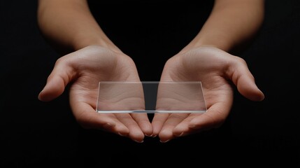 Hands presenting transparent glass rectangular object against dark background