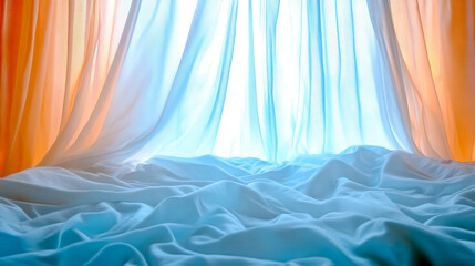 Wall Mural - Sunlight streaming through sheer curtains onto unmade bed