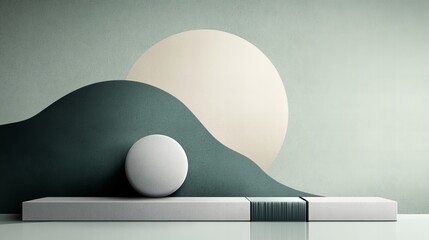 Poster - Minimalist arrangement features a white sphere on a gray platform set against layered curved shapes and a circular backdrop.