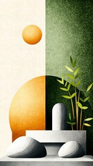 Aufkleber - minimalist geometric illustration features a split background and foreground with stacked stones and