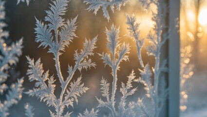 Poster - Detailed view of frost crystals creating elaborate designs on a window bathed in gentle sunlight.
