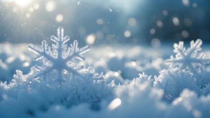 Poster - Detailed view of fragile snowflakes glistening in sunlight, highlighting the exquisite beauty of nature's icy creations