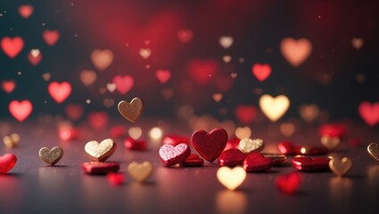 Poster - Colored Bokeh with Hearts Set Against a Dark Background for Design Use