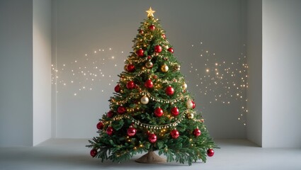 Aufkleber - Artificial Christmas tree adorned with elegant vintage ornaments, garlands, lights, star dust, and sparkles against a studio backdrop