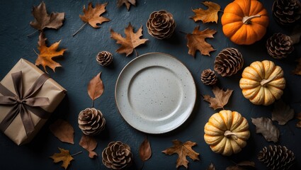 Poster - Autumn dining arrangement on a dark canvas. Unused white plate, cutlery, linen napkin, and decorative items. Top-down view, flat lay.