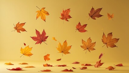 Aufkleber - Vibrant colorful autumn leaves drifting through the air against a plain background. Zero gravity or levitation autumn theme. High resolution photo.