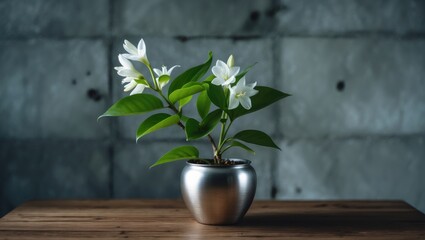 Poster - Elegant white flower arrangement in a silver vase with green leaves on a wooden table against a grey concrete wall