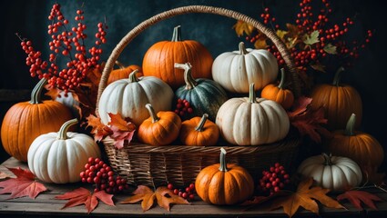 Poster - Fall composition, still life backdrop. Basket filled with harvested pumpkins, vegetables, autumn leaves, red berries on wooden table. Autumn decoration design. Banner