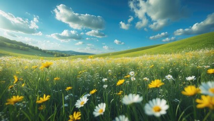 Poster - Stunning panoramic view of a grassy green field under a blue sky.