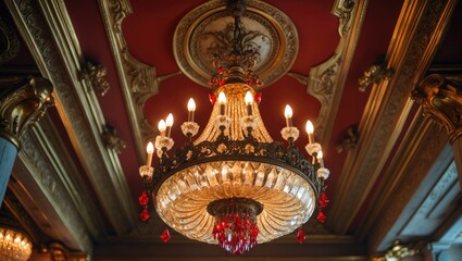 Aufkleber - Gorgeous crystal chandelier in golden hue emits warm light