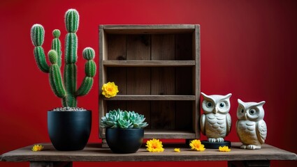Poster - Attractive cactus on a wooden shelf with a faux owl on a wooden table in the background