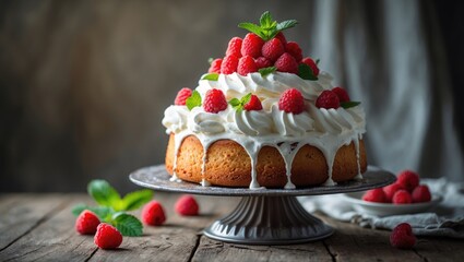 Poster - Angel food cake topped with whipped cream and raspberries