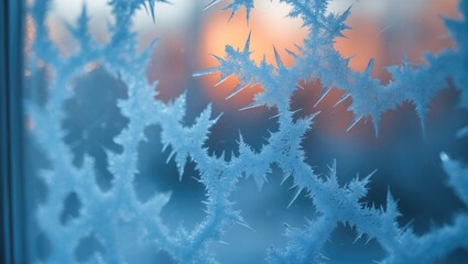 Wall Mural - close-up of blue textured patterns formed by frozen water crystals on a winter window pane