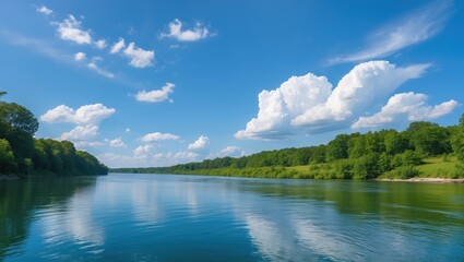 Aufkleber - Charming summer view of a river or lake, showcasing the water's surface mirroring tiny clouds.