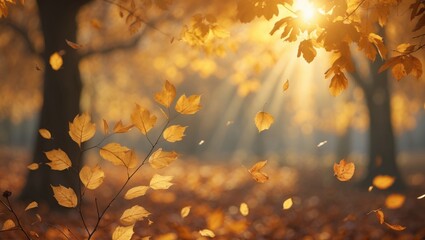 Aufkleber - Gorgeous fall landscape showcasing yellow trees and sunshine. Colorful park foliage. Leaves falling in the background.