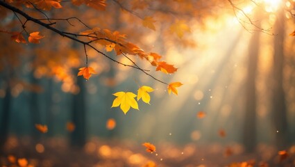Aufkleber - Gorgeous hazy autumn scenery with golden-yellow foliage in sunlight.