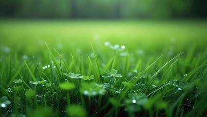Aufkleber - Close-up of fresh green grass and clover leaves in a natural background. Dewy luminous lawn, spring vitality, nature close-up.