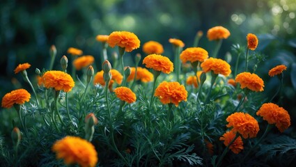 Aufkleber - Stunning marigold blooms flourish in the garden on a sunny day. Gorgeous vibrant orange and green floral backdrop.