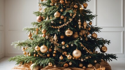 Poster - Stunningly adorned Christmas tree in gold and brown hues set against a backdrop