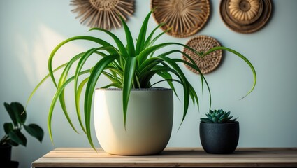 Poster - Attractive indoor plants and home furnishings on a wooden table next to a light wall