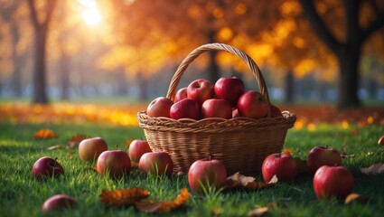 Aufkleber - Outdoors Basket of Apples. Sunny Garden Background.