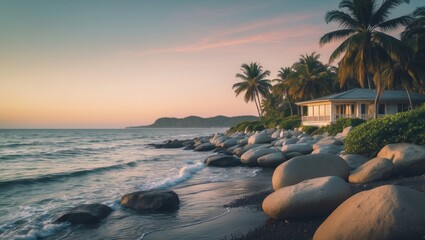 Poster - Coastal home encircled by palm trees, large boulders, and a stunning ocean