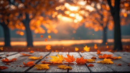 Poster - Autumnal maple leaves resting on a wooden table. Background of falling leaves in nature. Radiant day with gorgeous orange foliage.