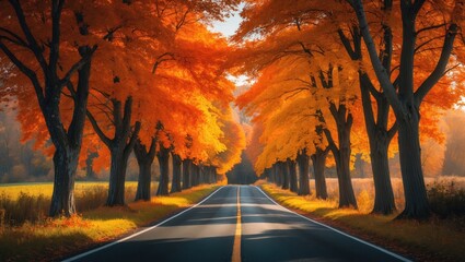 Aufkleber - Scenic autumn landscape alongside an asphalt road.