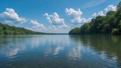 Aufkleber - Stunning summer scenery by a river or lake with water reflecting fluffy clouds.