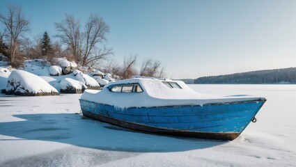 on the shore, a fishing boat blanketed in snow creates a landscape.