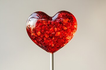 Poster - Close up of a red heart shaped lollipop filled with small red pieces on a white background surface