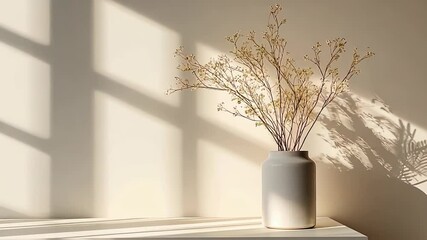Poster - Serene beauty of dried flowers casting shadows in a minimalist setting during golden hour light Generative AI