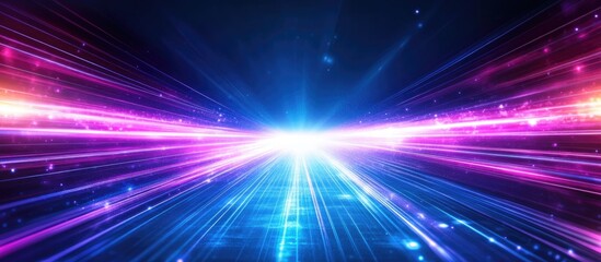 Poster - Abstract digital art with vibrant blue and pink light streaks converging towards a central bright point.  Dark background