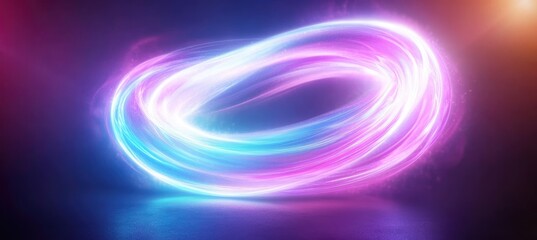 Poster - Dynamic pink and blue luminous trails form a ring over a reflective dark surface. The light trails cast a soft glow, creating an ethereal and futuristic ambiance
