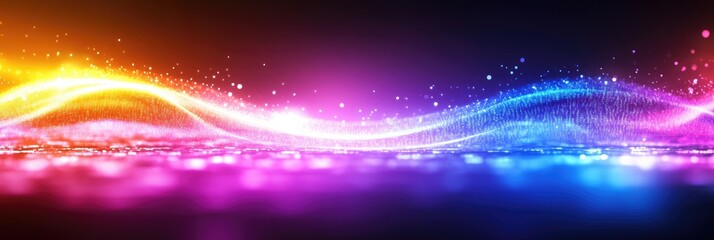 Poster - Abstract wave of vibrant light particles in blue, pink, and orange hues. Glowing energy and digital particles create a futuristic, dynamic design