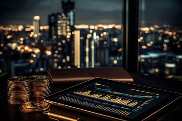 Leinwandbilder - Stylish virtual trading platform displaying cryptocurrency market data with coins and city skyline in the background : Generative AI