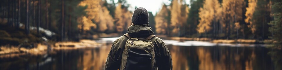 Poster - A Man Standing Peacefully by a Reflective Lake Surrounded by Autumn Trees in a Tranquil Outdoor Setting : Generative AI