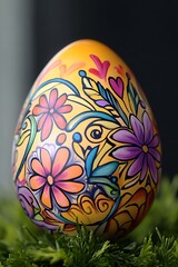 Poster - Artistic Yellow Easter Egg Decorated with Colorful Floral Patterns and Designs : Generative AI