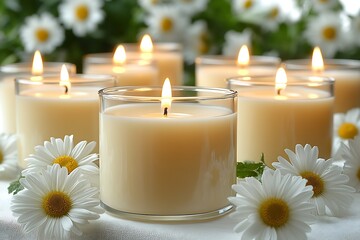 Aufkleber - Peaceful candlelight surrounded by daisies creates a calming atmosphere for relaxation : Generative AI