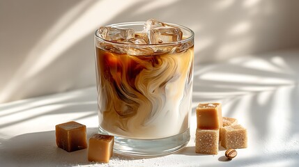 Poster - Freshly Made Coffee Drink with Cream Swirls and Sugar Cubes on a Light Background : Generative AI