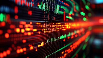Fototapete - Vibrant abstract digital display of data streams in bright red and green lights on a black background : Generative AI