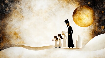 Poster - silhouette of a family is standing on a beige surface near white structures under a large golden sph