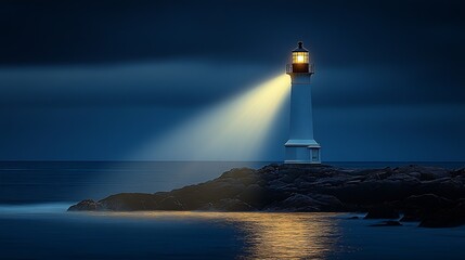 Poster - Majestic Lighthouse Illuminating the Dark Ocean Waters Under Moonlight : Generative AI
