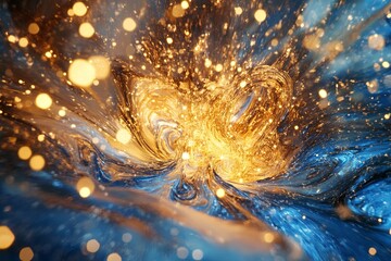 Poster - abstract swirling pattern with blue and gold hues and bokeh effect creating a dreamy scene