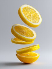 Poster - Artistic depiction of floating lemon slices levitating in the air against a plain background : Generative AI