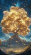 © SibteHUSSAIN - Vast open landscape under starry sky giant glowing tree whose leaves shimmer shades of gold silver awe inspiring beauty of universe combines ethereal light of tree creating a mesmerizing magical scene