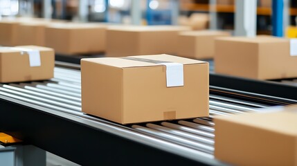 Aufkleber - Cardboard boxes moving on a conveyor belt in a modern warehouse environment for efficient logistics : Generative AI
