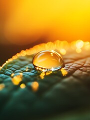 Leinwandbilder - Close-up of a dewdrop resting on a green leaf capturing warm sunlight in its reflection : Generative AI