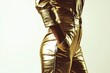 © Amal - Woman in a gold metallic jumpsuit, hands in pockets, stylish and chic.